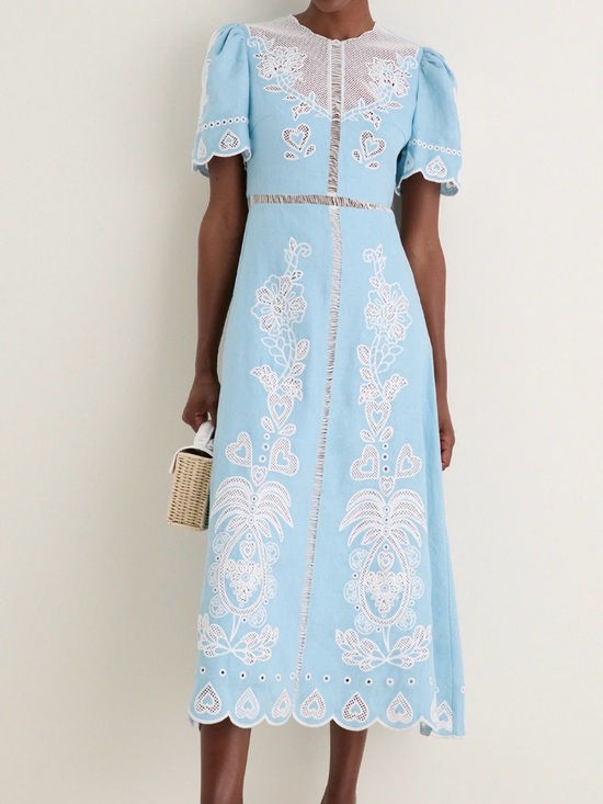 FARM Rio Dresses & Skirts - FARM Rio Sky Blue Midi Dress with White Eyelet Embroidery